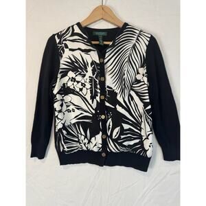 Lauren Ralph Lauren Cardigan Silk/Cashmere Floral‎ Button Up Black Size P/M